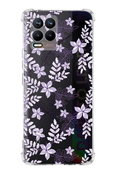 PrintiFy Realme 8 Uyumlu Köşe Korumalı Floral Lila Tasarımlı Şeffaf Silikon Kılıf