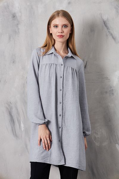 Giyim Gezegeni Women's Imported Linen Tunic Shirt with Gathered Front and Elastic Sleeves