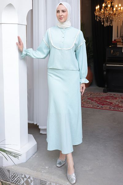 benguen 2078 Model Mint Green Double Set - Knitted Detailed Collar
