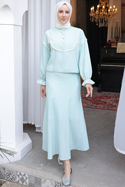 benguen 2078 Model Mint Green Double Set - Knitted Detailed Collar