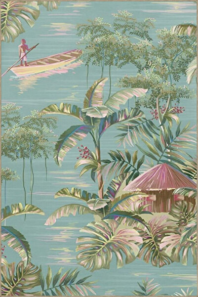 Rugs Modern Halı Yeşil Göl ve İnsan Desenli Dokuma Taban Halı miravip8210