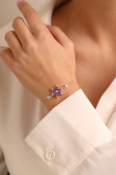 ADA LİFE GÜMÜŞ (IŞIKLI KUTULU)925 Ayar Gümüş Ametist Taşlı Lotus Çiçeği Kadın Bileklik