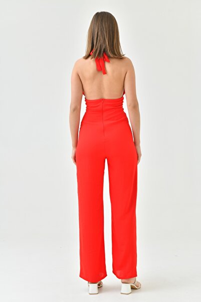 bayansepeti Red Crepe Fabric Neck Tie Design Chest Low-cut Detail Loose Leg Jumpsuit 164