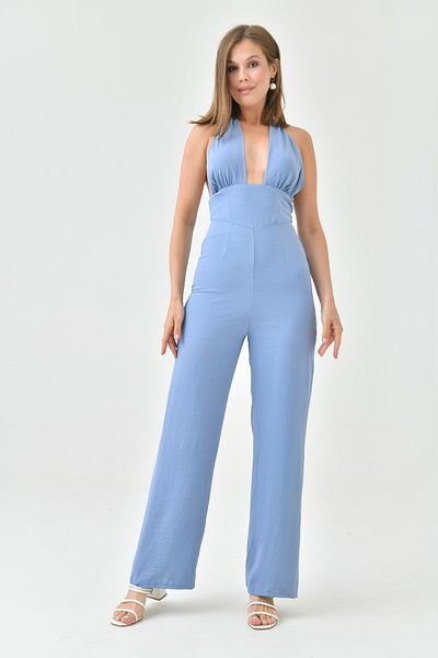 lovebox Women's Crepe Fabric Halter Neck Design Chest Low-cut Wide Leg Indigo Jumpsuit 164