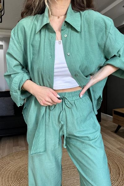 My Blog Mint Colored Textured Shirt and Trousers Set