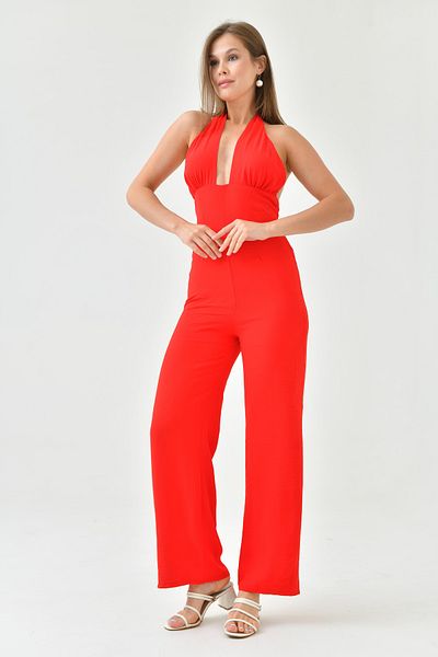 bayansepeti Red Crepe Fabric Neck Tie Design Chest Low-cut Detail Loose Leg Jumpsuit 164