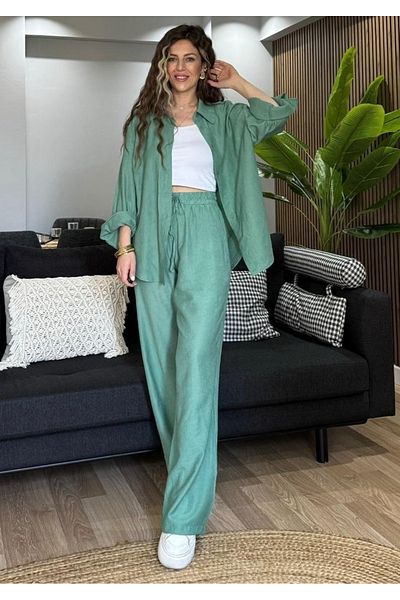My Blog Mint Colored Textured Shirt and Trousers Set