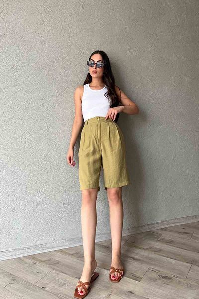 Seda Yalçın Atelier Oil Green Double Battery Detailed Basic Bermuda Shorts