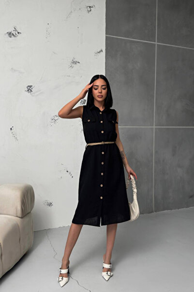 Neşeli Butik kadın keten kumaş hasır kemerli gömlek elbise NBG013