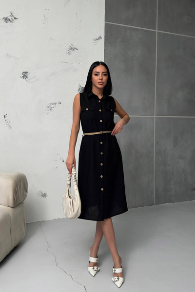 Neşeli Butik kadın keten kumaş hasır kemerli gömlek elbise NBG013