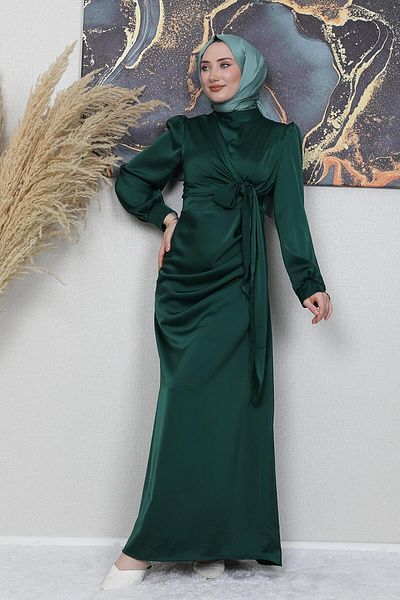 GİZ AGİYİM Satin Side Belted Dress Emerald