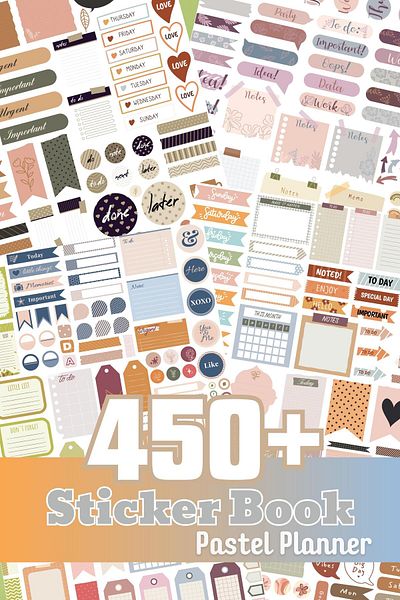 Postifull Planner Label Set, 450 Pieces of Pastel Label, Agenda Sticker Book, Bullet Journal, Daily, Laptop