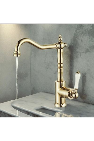 İSAOĞLU YAPI Gold Kitchen Faucet - Vintage Porcelain Tap, Fixture Rustic Design