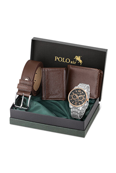 Polo Air Erkek Kol Saati Cüzdan Kemer Kartlık Klasik Kombin Kahverengi Set PL...