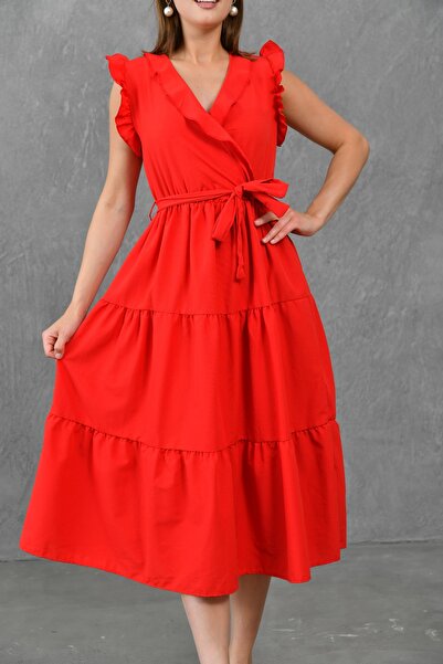 vuvutasarım Sleeve Ruffled Elastic Waisted Belt Detailed Double-breasted Collar Midi Length Red Dress 103