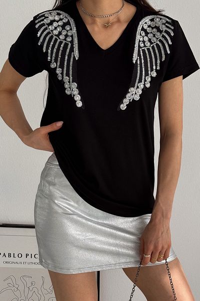 FEMELLE Tricou negru pentru femei, cu decolteu în V, cu aripi de înger, brodat cu paiete, 100% bumbac