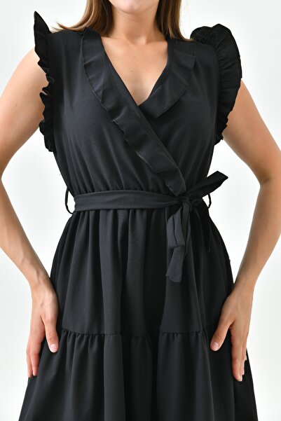 bayansepeti Γυναικείο φόρεμα μεσαίου μήκους μαύρο με ελαστικό μανίκι μέσης βολάν Διπλό γιακά Ζώνη 103