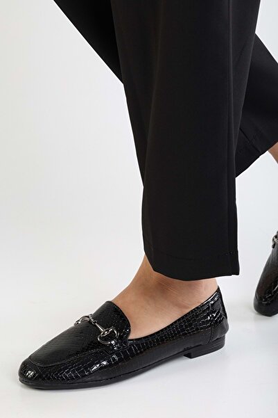 Shoeberry Tiana Black Crocodile Buckle Women's Daily Loafer