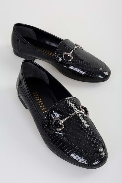 Shoeberry Tiana Black Crocodile Buckle Women's Daily Loafer