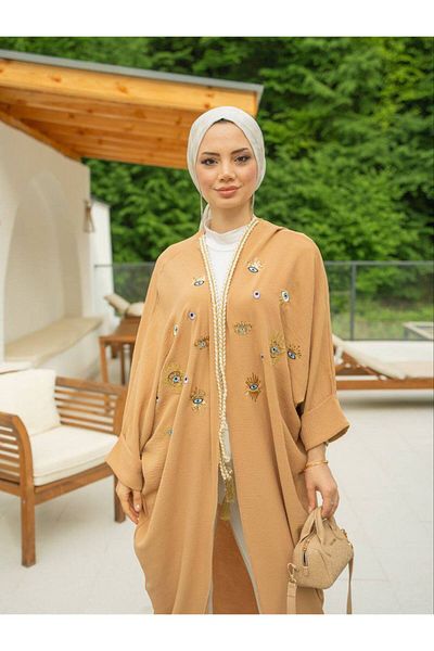 Lavanta Tekstil Camel Hijab Kimono - Women's, Eye Embroidery