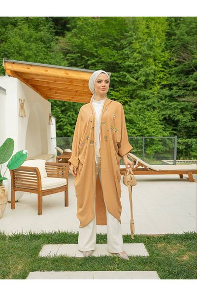 Lavanta Tekstil Camel Hijab Kimono - Women's, Eye Embroidery