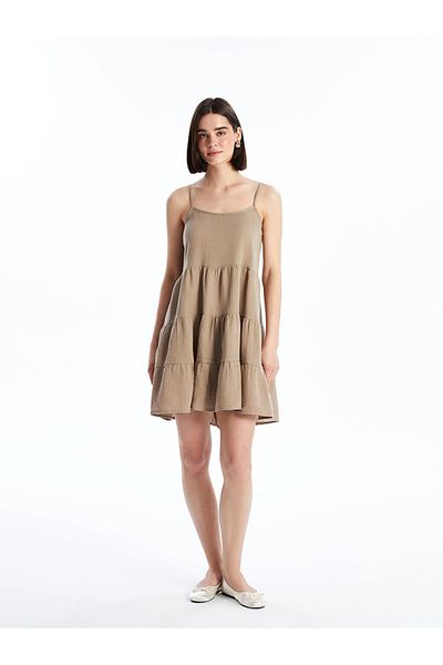 LC Waikiki Xside Light Brown U-Neck Straight Strap Women's Dress