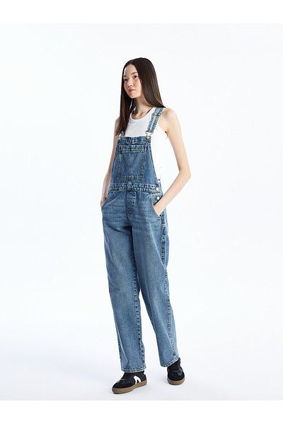 LC Waikiki Damen-Jeans-Salope mit quadratischem Ausschnitt und flachen Trägern