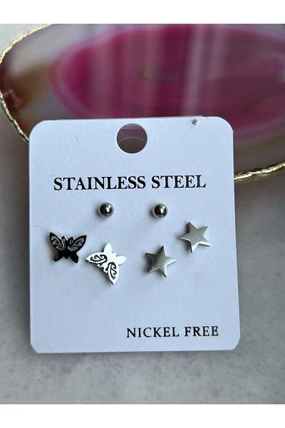 axexuar 316L Real Steel Silver 3-Piece Earring Set - Star Butterfly Ball Stainless Non-Tarnish