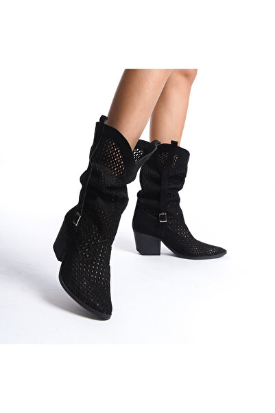 Wildco Western Summer Women's Bellows Boots, Western Cowboy Summer Boots με αγκράφα μαύρο σουέτ, μπότες με χοντρό τακούνι