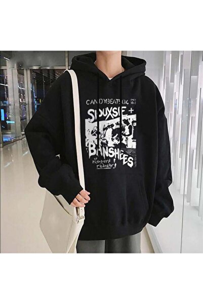 Toum Μαύρο φούτερ με κουκούλα Siouxsie Banshees με στάμπα, unisex, oversized