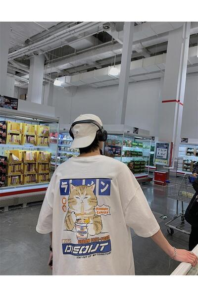 Toum Tricou alb unisex oversize - Priatinker Cat cu imprimeu pe spate