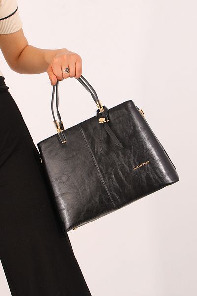 By Hakan MİAMİ POLO 1297 STRIPED WOMEN'S HAND AND SHOULDER STRAPED BAG FLAT BLACK