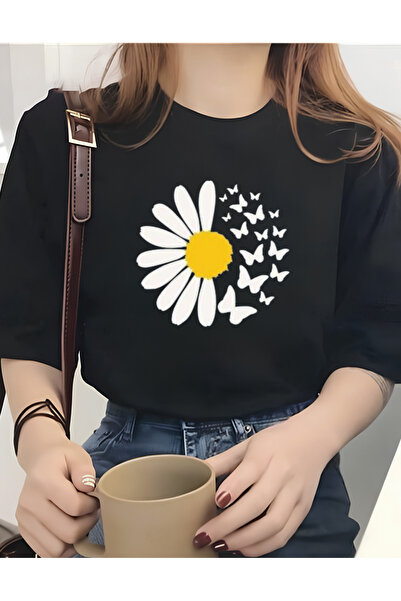 AEMİ Ženska Daisy Štampano 100% pamuk Kvalitet Oversize kroj Crna T-shirt