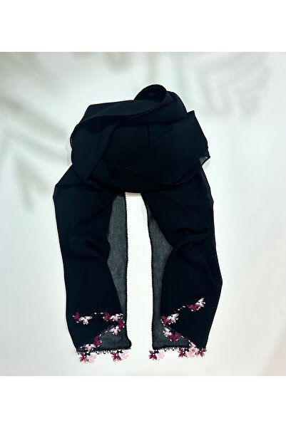 İĞNEOYASI İğne Oyası Çiçekli Siyah Fular - İPEK İPLİK - EL İŞİ