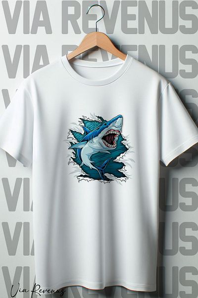 Vordevia Tricou alb supradimensionat - imprimeu rechin, decolteu