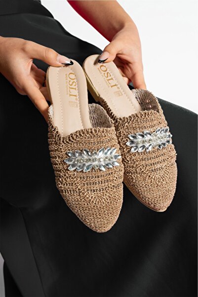 Fogs Kadın Taşlı Vizon Hasır Örme Terlik Günlük Sandalet Terlik