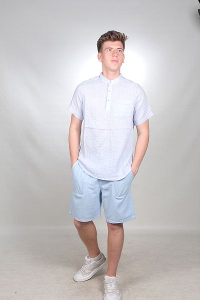 bomull textıle Men's Muslin Shirt - 3 Buttons, Half Placket, Short Sleeve