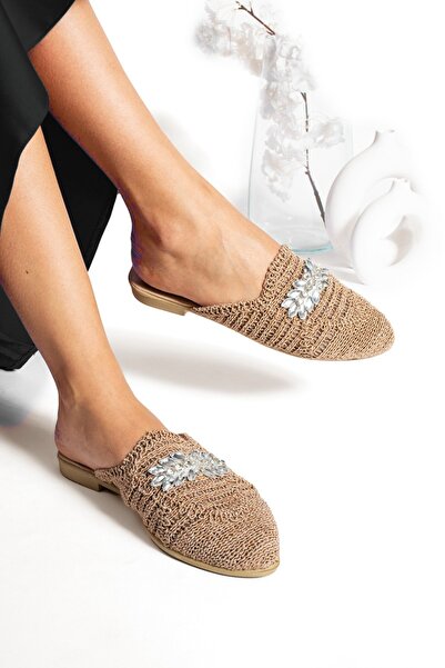 Fogs Kadın Taşlı Vizon Hasır Örme Terlik Günlük Sandalet Terlik