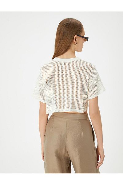 Koton Openwork Cotton Crop T-Shirt - Short Sleeve, Crew Neck