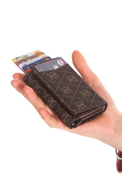 Newish Polo Elegant Patterned Brown Unisex Faux Leather Mechanism Card Holder Wallet