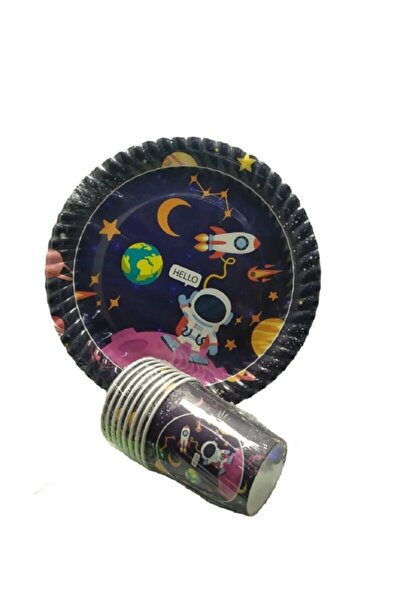 Bkmc Set of 8 Space Themed Paper Plates and Glasses