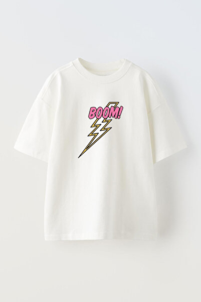 NMG TEKSTİL Λευκό Oversize Βαμβακερό T-shirt - Boom Lightning Printed