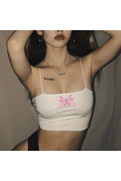 Toum Blunt Blunt White Printed Women's Bustier Crop with Rope Strap