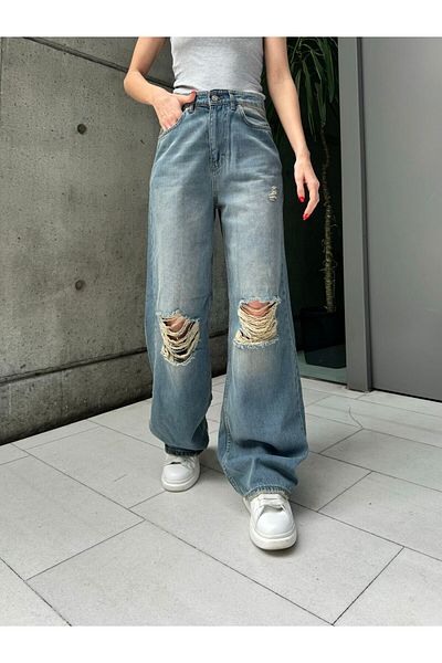 Gofeel Blue Baggy Split Detail Unisex Washable Jean