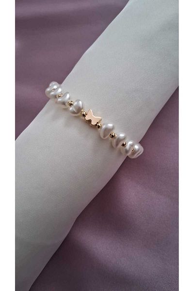Judas Takı Women's White Broken Stone Butterfly Detailed Pearl Bracelet