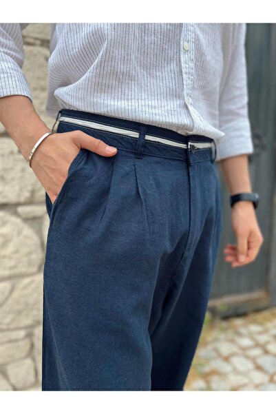 SAVA Λινό παντελόνι Navy Blue - Λεπτομέρεια μέσης