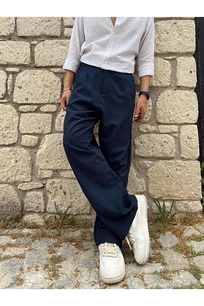 SAVA Navy Blue Linen Trousers - Waist Detailed