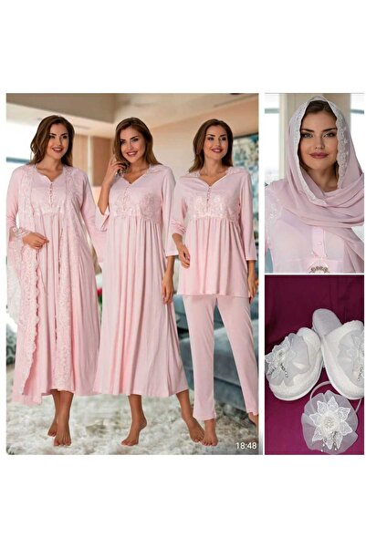Puerpera Effortt Lohusa Hamile Gecelik Sabahlık Pijama Takımı Şal Taç ve Terl...