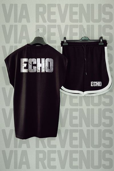 Vordevia Echo Black Oversize Sports T-shirt and Shorts Set - Crew Neck, Zero Sleeve