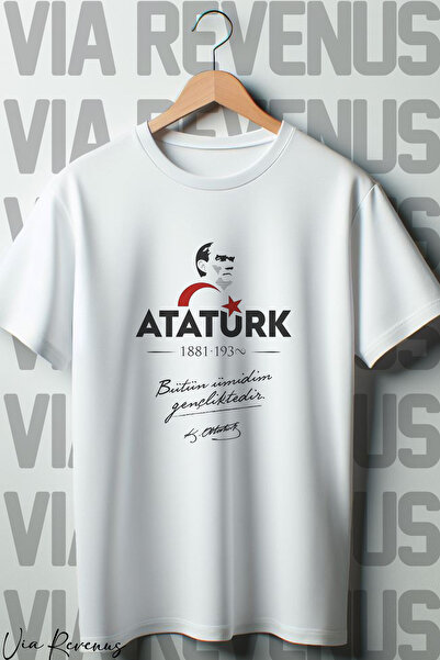 Vordevia تي شيرت أبيض كبير الحجم مطبوع عليه أتاتورك - 19 مايو برقبة دائرية